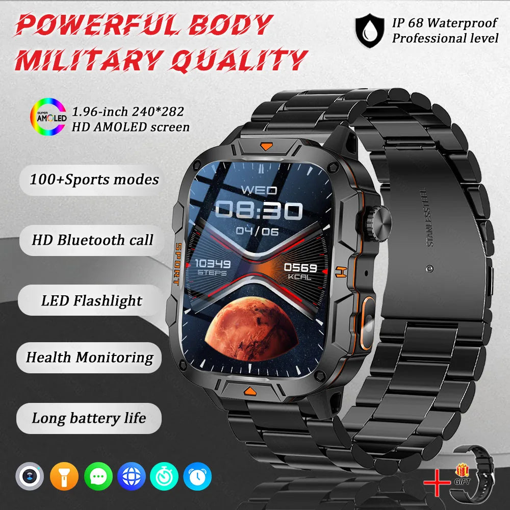 2025 Military Smart Watch – 1.96" AMOLED Fitness Tracker for Men