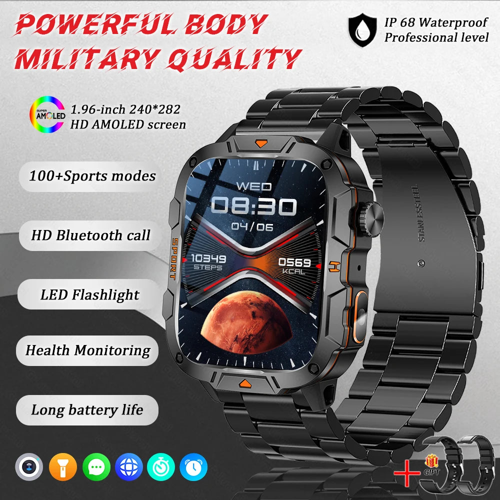 2025 Military Smart Watch – 1.96" AMOLED Fitness Tracker for Men