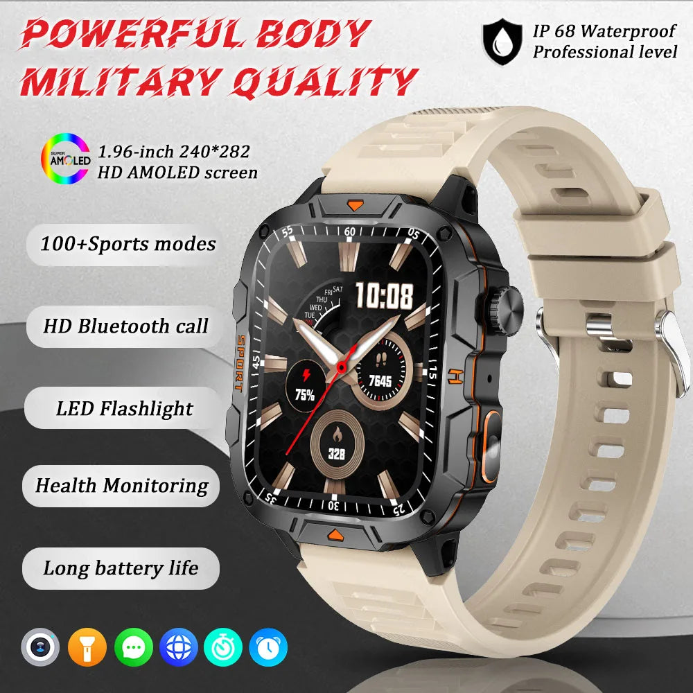 2025 Military Smart Watch – 1.96" AMOLED Fitness Tracker for Men