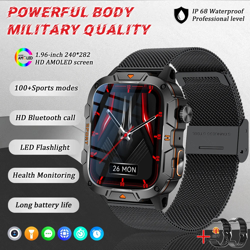 2025 Military Smart Watch – 1.96" AMOLED Fitness Tracker for Men