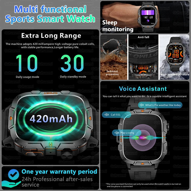 2025 Military Smart Watch – 1.96" AMOLED Fitness Tracker for Men