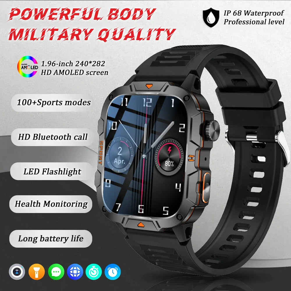 2025 Military Smart Watch – 1.96" AMOLED Fitness Tracker for Men