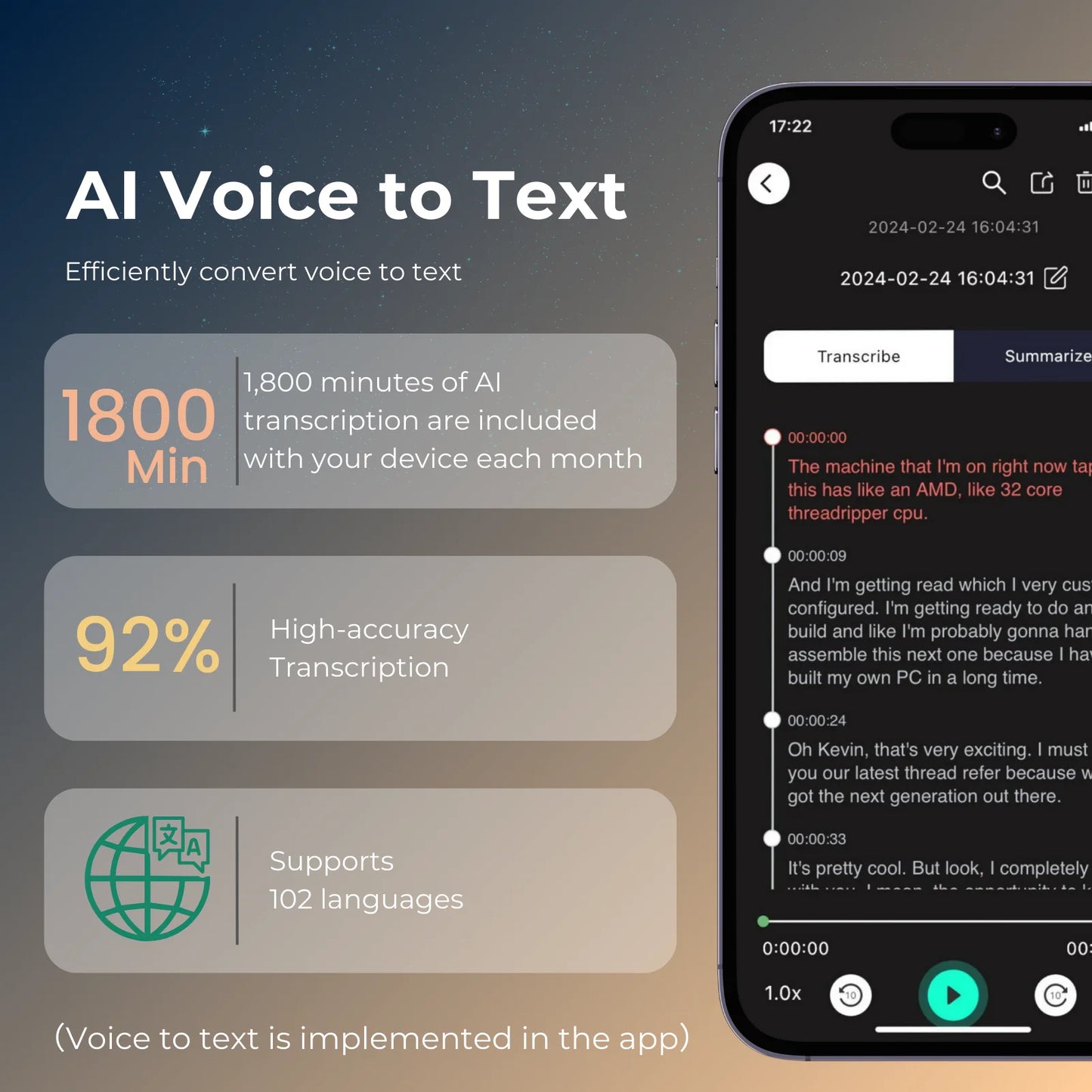 AI Voice Recorder 64GB – Smart Transcription, Translation & Mind Mapping Dictaphone