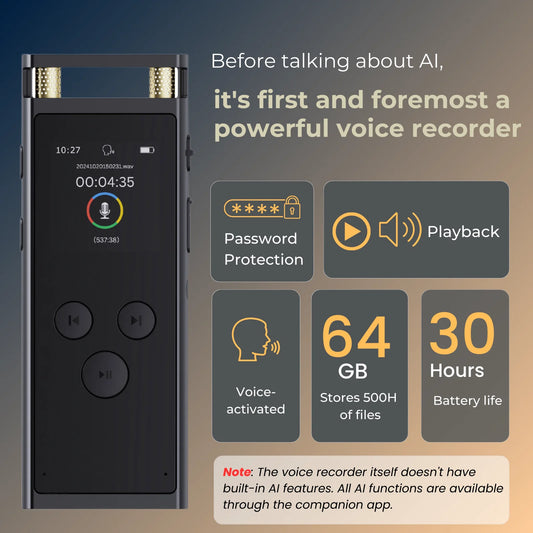 AI Voice Recorder 64GB – Smart Transcription, Translation & Mind Mapping Dictaphone