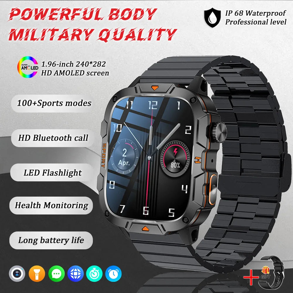 2025 Military Smart Watch – 1.96" AMOLED Fitness Tracker for Men