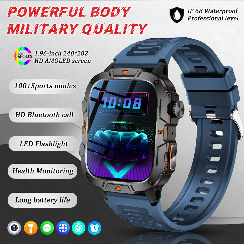 2025 Military Smart Watch – 1.96" AMOLED Fitness Tracker for Men