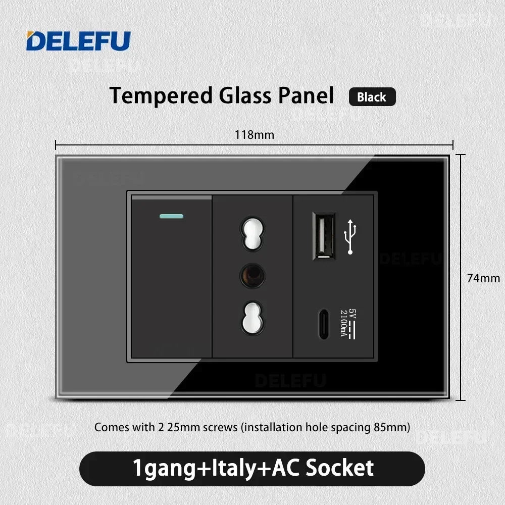 Black Tempered Glass USB-C Wall Socket – Tuya WiFi Smart Switch