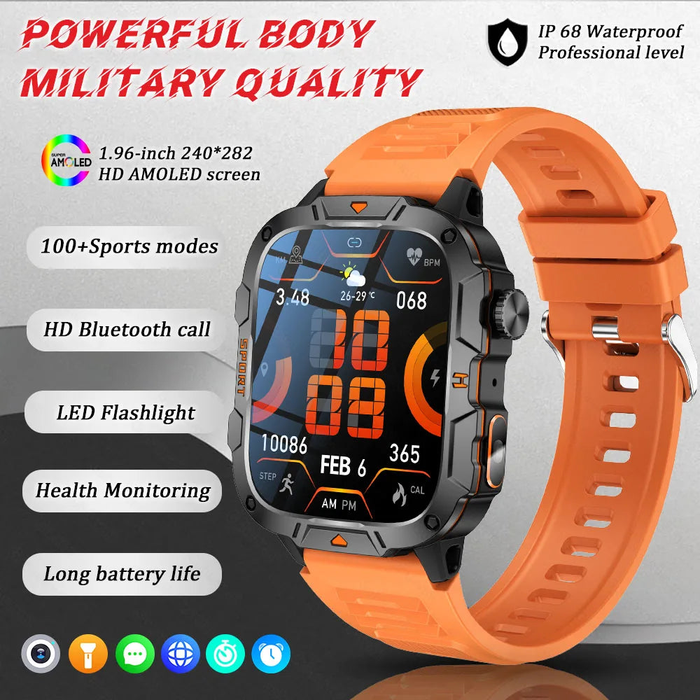 2025 Military Smart Watch – 1.96" AMOLED Fitness Tracker for Men
